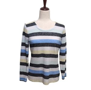 T by Talbots Striped Cut Out Back Long Sleeve Top Multicolor Blue Yellow Gray S